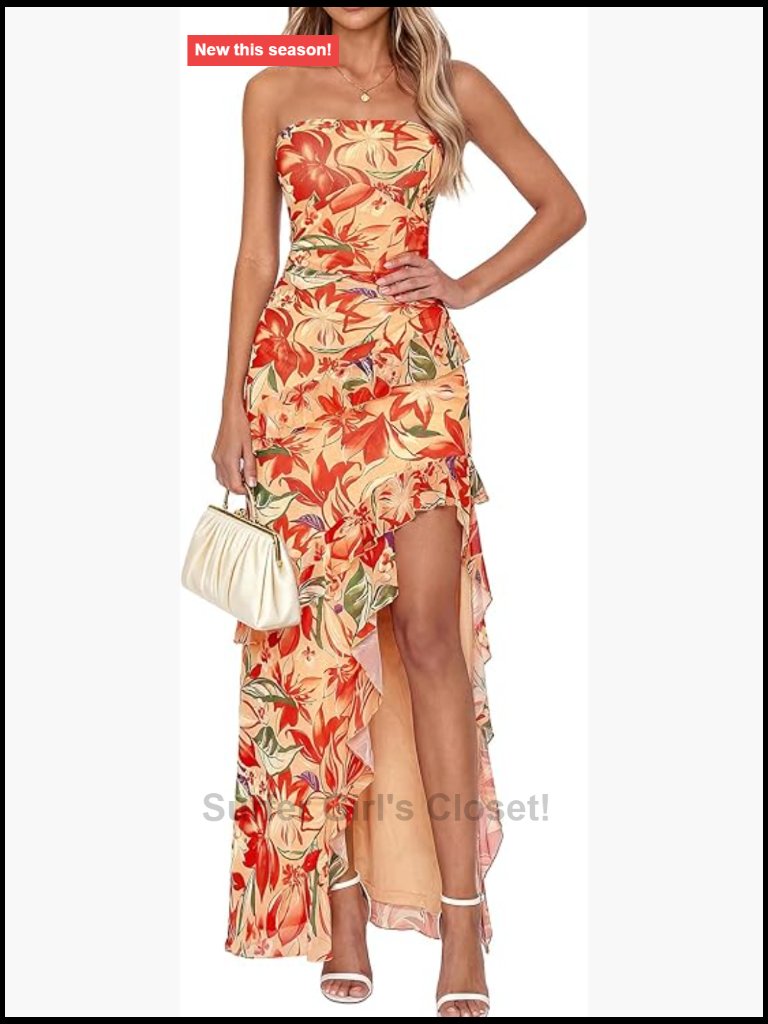 Off Shoulder Strapless High Slit Ruffle Formal Cocktail Wedding Guest Maxi Dress